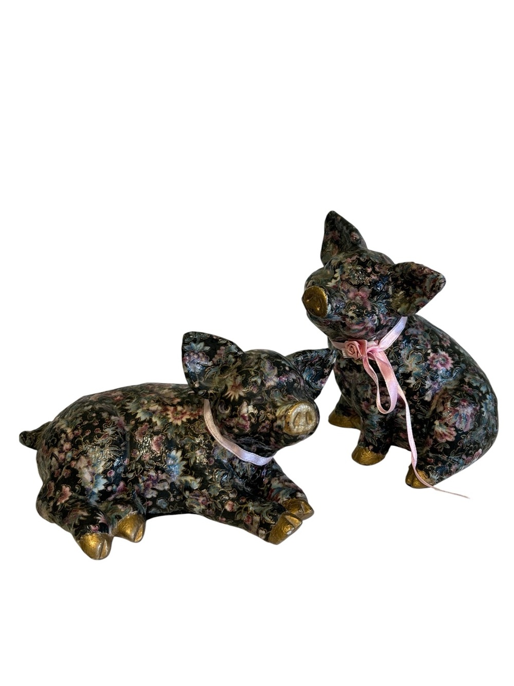 Vintage Black Floral Chintz Ceramic Golden Snout Pig Figurine Set of 2